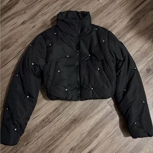 Fashion Nova Black Cropped Puffer Jacket with Stud Embellishments